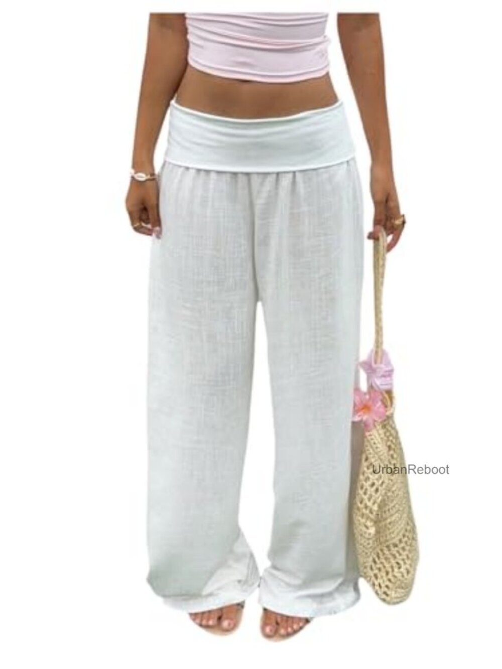 Wide Leg Linen Pants Fold Over Low Rise Lounge Trousers